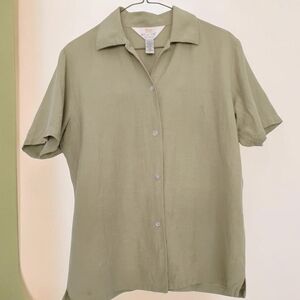 Vintage Art Of Silk Silk-Linen Ladies Short Sleeved Light Olive Green Blouse - M